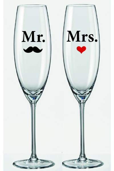 2 Vinyl stickers voor Mr. Mrs. champagneglas