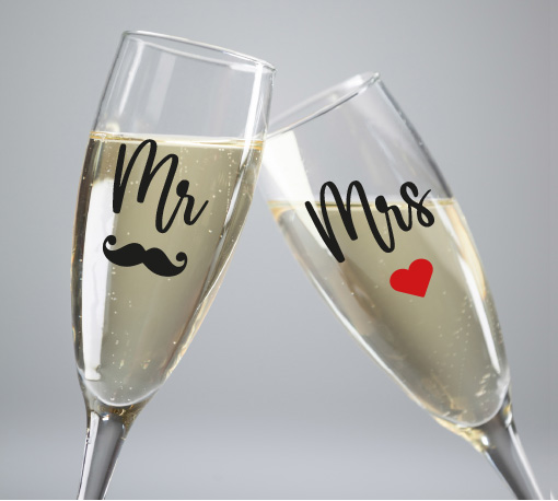 Mr en mrs champagneglas sticker